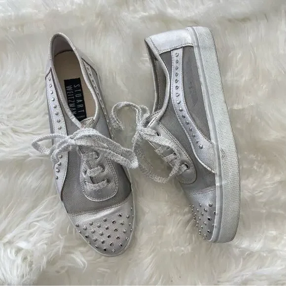 Stuart Weitzman | Women’s Silver Mesh Studded Studs Embellished Sneakers Shoes 7 - Picture 1 of 10